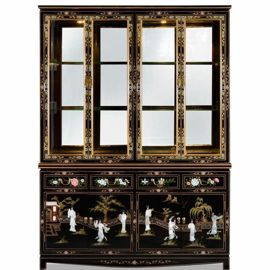 China Cabinets & Hutches * | China Furniture And Arts 60 Black Lacquer Pearl Figure Motif China Cabinet