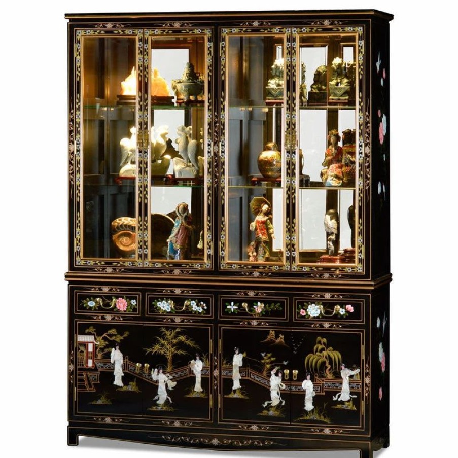 China Cabinets & Hutches * | China Furniture And Arts 60 Black Lacquer Pearl Figure Motif China Cabinet