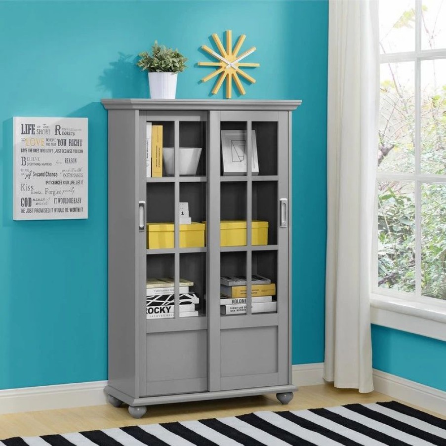 Bookcases * | A Design Studio Ashton Oaks Bookcase With Sliding Glass Doors, Soft Gray