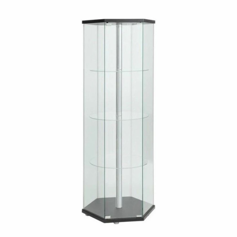 China Cabinets & Hutches * | Bowery Hill Contemporary Wood Glass Hexagonal Curio Cabinet In Black And Chrome