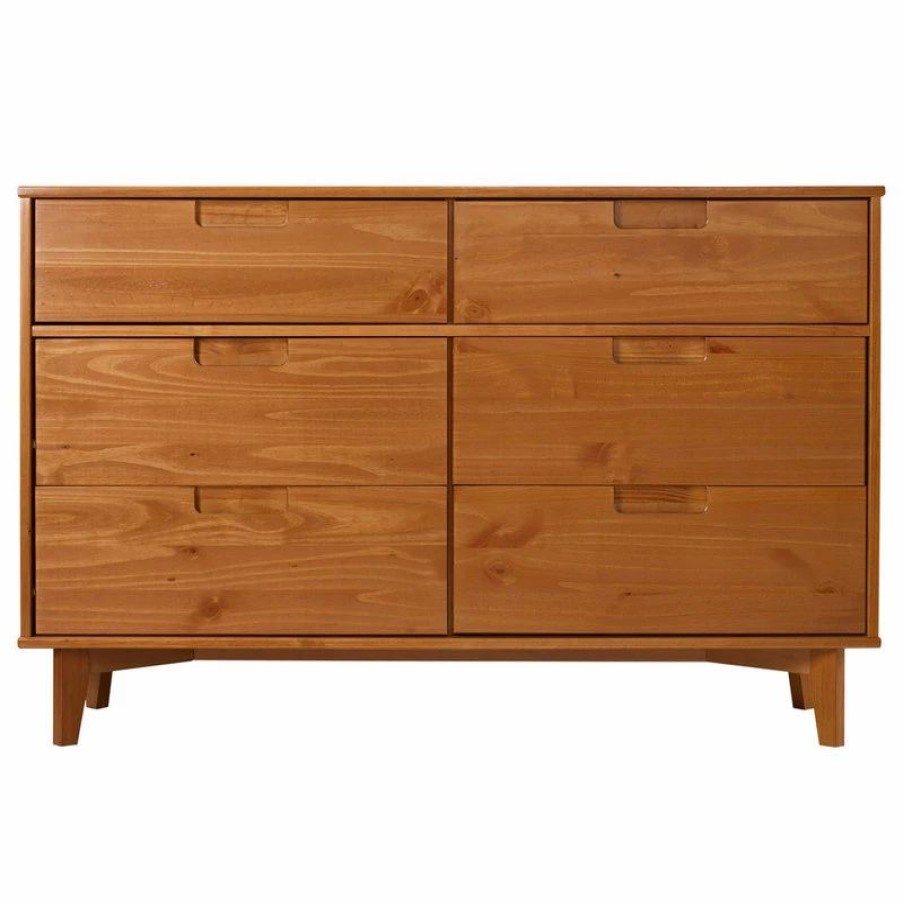 Dressers * | Walker Edison 6 Drawer Mid Century Modern Wood Dresser, Caramel