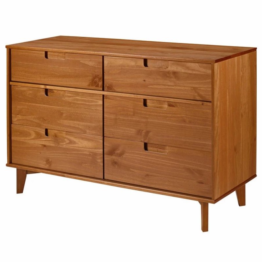 Dressers * | Walker Edison 6 Drawer Mid Century Modern Wood Dresser, Caramel