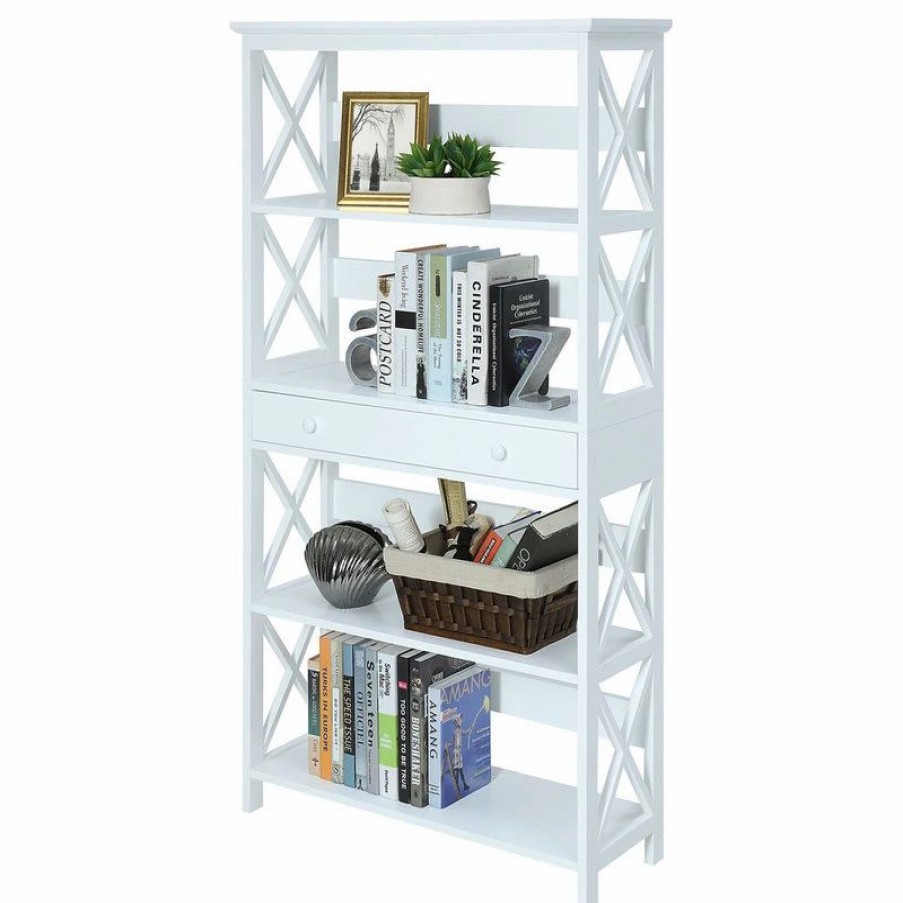 Bookcases * | Convenience Concepts Oxford Five-Tier Bookcase With Drawer In White Wood Finish