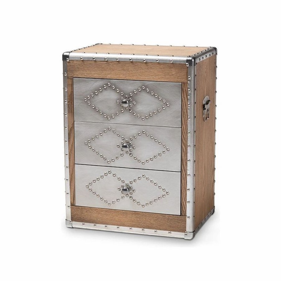 Accent Chests & Cabinets * | Wholesale Interiors Audric French Industrial Brown Wood And Silver Metal 3-Drawer Storage Cabinet