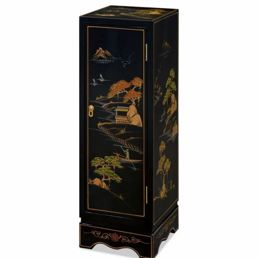 Accent Chests & Cabinets * | China Furniture And Arts Black Lacquer Chinoiserie Chinese Pedestal Cabinet