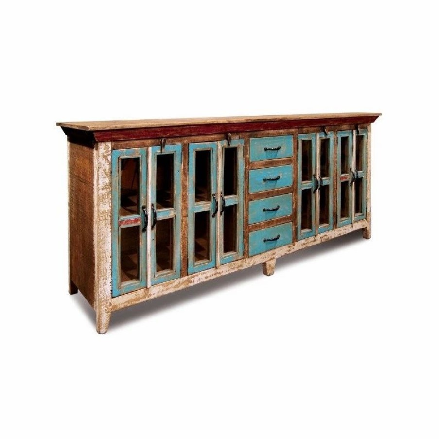 Buffets & Sideboards * | Crafters And Weavers La Boca Rustic Distressed Solid Wood Sideboard, Curio Cabinet. Glass-Doors