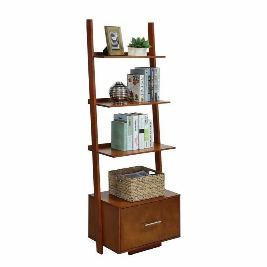 Bookcases * | Convenience Concepts American Heritage Ladder Bookcase With File Drawer In Warm Cherry Wood Finish