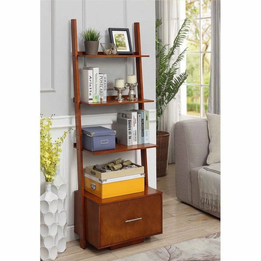 Bookcases * | Convenience Concepts American Heritage Ladder Bookcase With File Drawer In Warm Cherry Wood Finish