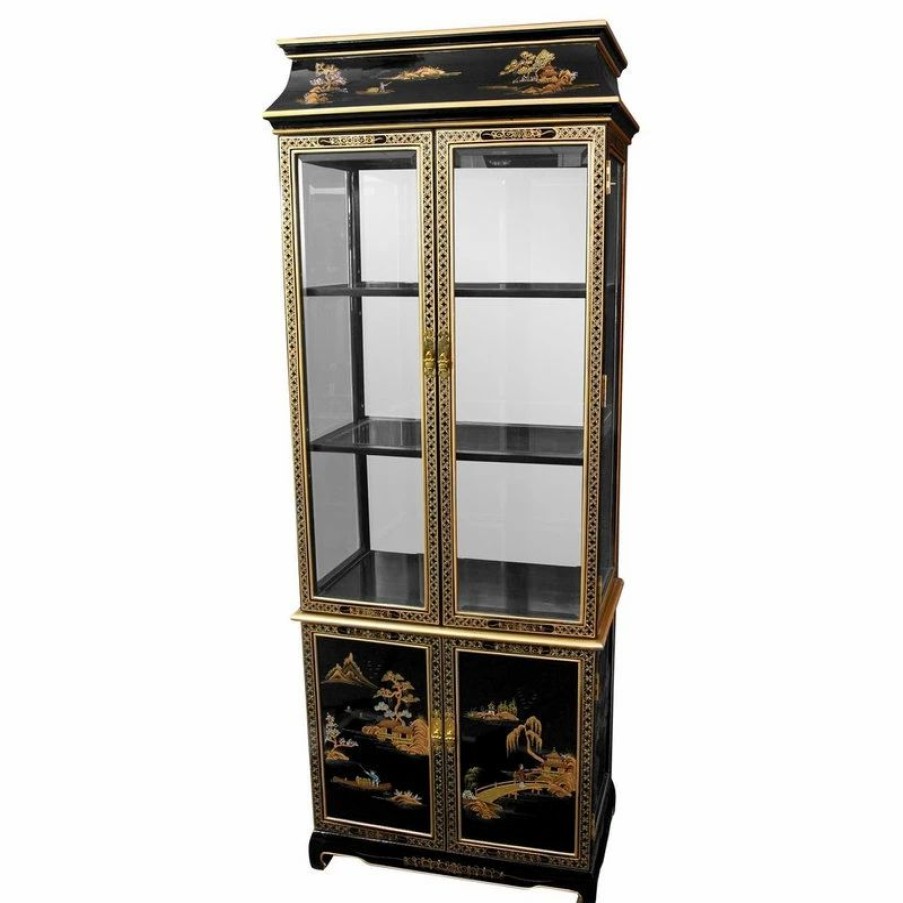 China Cabinets & Hutches * | Oriental Furniture Ming Pagoda Top Curio Cabinet With Hand Painted Oriental Landscape