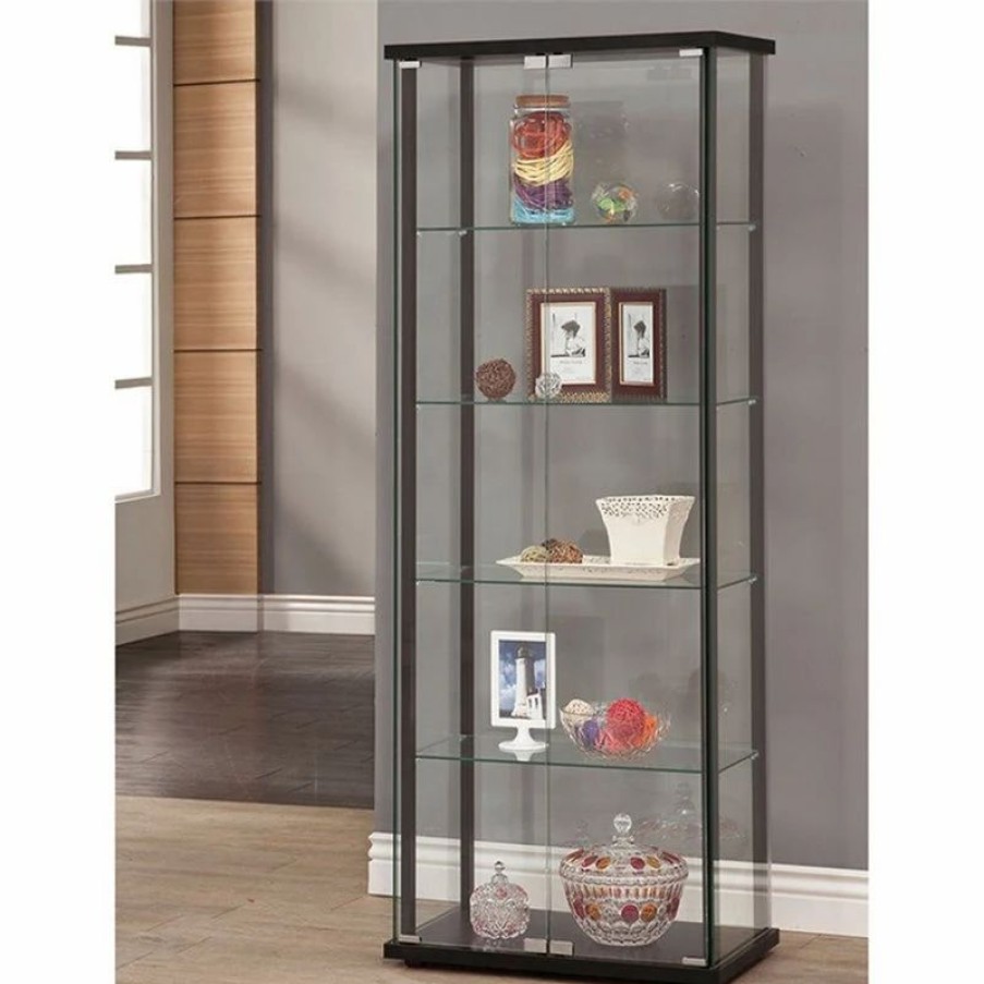 China Cabinets & Hutches * | Pemberly Row Traditional 5 Shelf Glass Curio Cabinet In Black