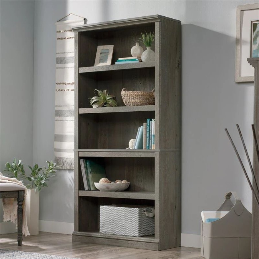 Bookcases * | Sauder Misc Storage 5-Shelf Tall Wood Bookcase In Mystic Oak