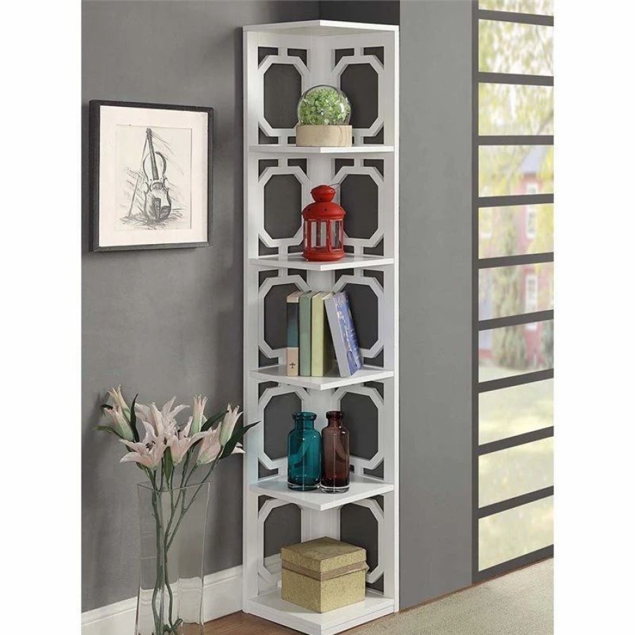 Bookcases * | Convenience Concepts Omega Five-Shelf Corner Bookcase In White Wood Finish