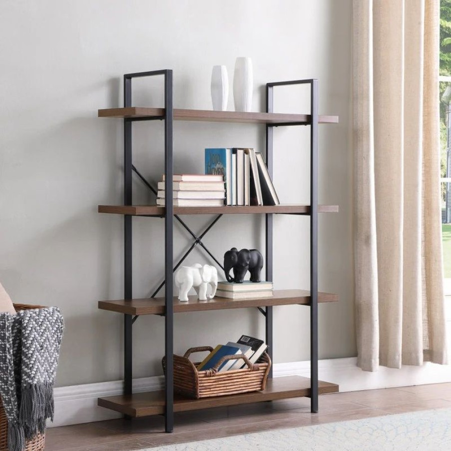 Bookcases * | Belleze Industrial Bookcase Open Etagere Book Shelf Metal/Wood, Dark Walnut, 4 Shelves