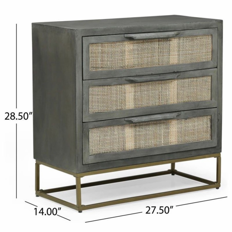 Accent Chests & Cabinets * | Gdfstudio Lithonia Wolfe Handcrafted Boho Mango Wood 3 Drawer Cabinet, Gray And Natural