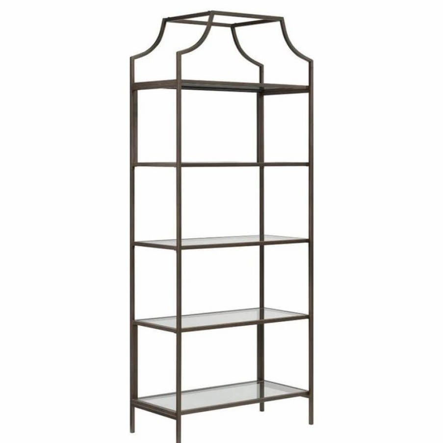 Bookcases * | Sauder International Lux 5 Shelf Modern Metal Framed Glass Bookcase In Bronze