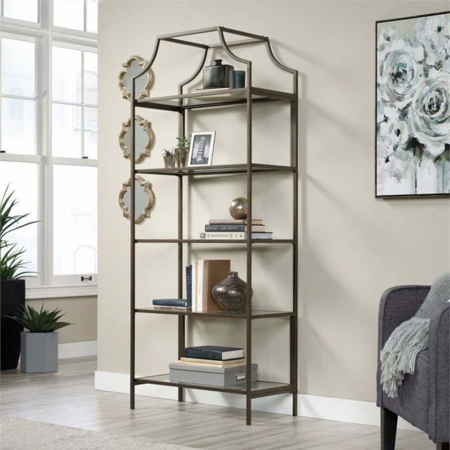 Bookcases * | Sauder International Lux 5 Shelf Modern Metal Framed Glass Bookcase In Bronze