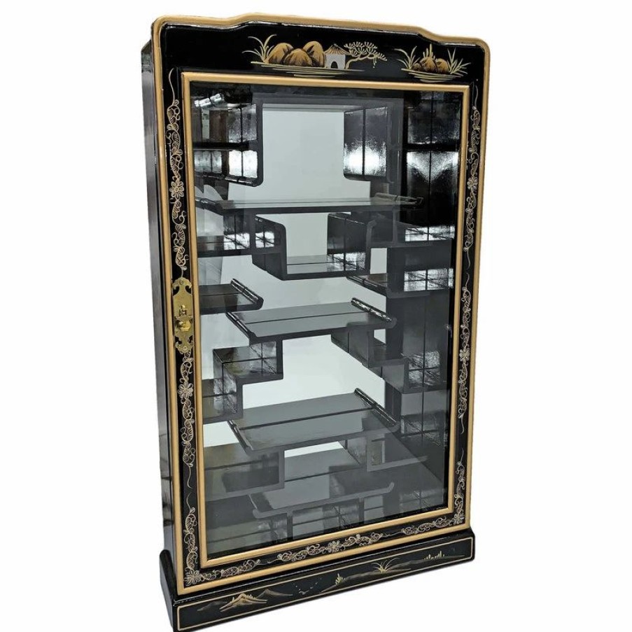 China Cabinets & Hutches * | Oriental Furnishings 33 H Black Lacquer Oriental Wall Curio For Netsuke Hand Painted Landscape