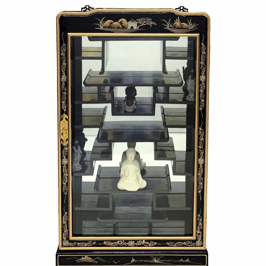 China Cabinets & Hutches * | Oriental Furnishings 33 H Black Lacquer Oriental Wall Curio For Netsuke Hand Painted Landscape