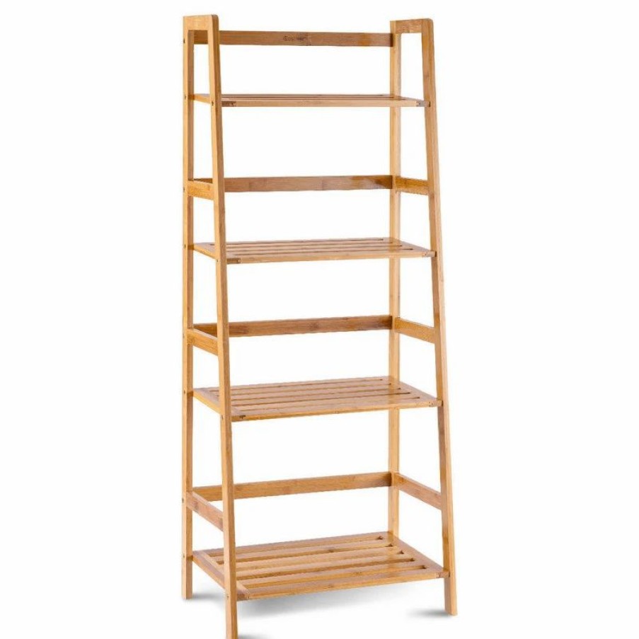 Bookcases * | Costway Multifunctional 4 Shelf Bamboo Bookcase Ladder Plant Stand Rack Storage