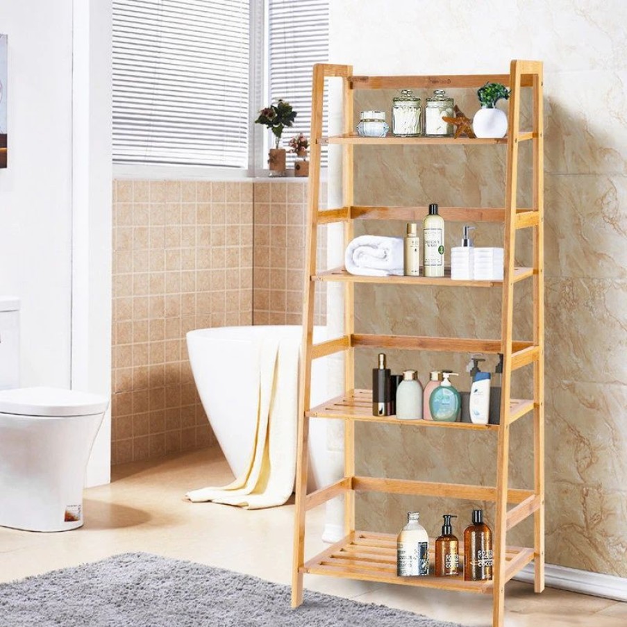 Bookcases * | Costway Multifunctional 4 Shelf Bamboo Bookcase Ladder Plant Stand Rack Storage