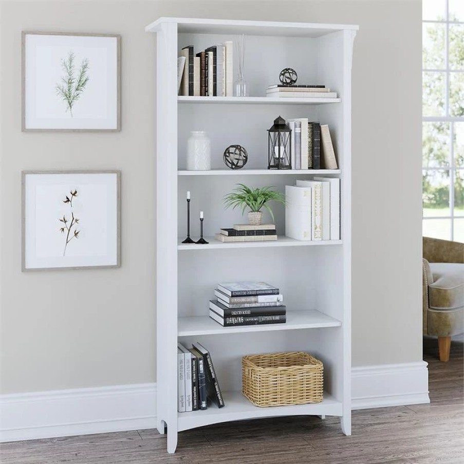 Bookcases * | Bush Business Furniture Salinas Tall 5 Shelf Bookcase In Pure White And Shiplap Gray Engineered Wood