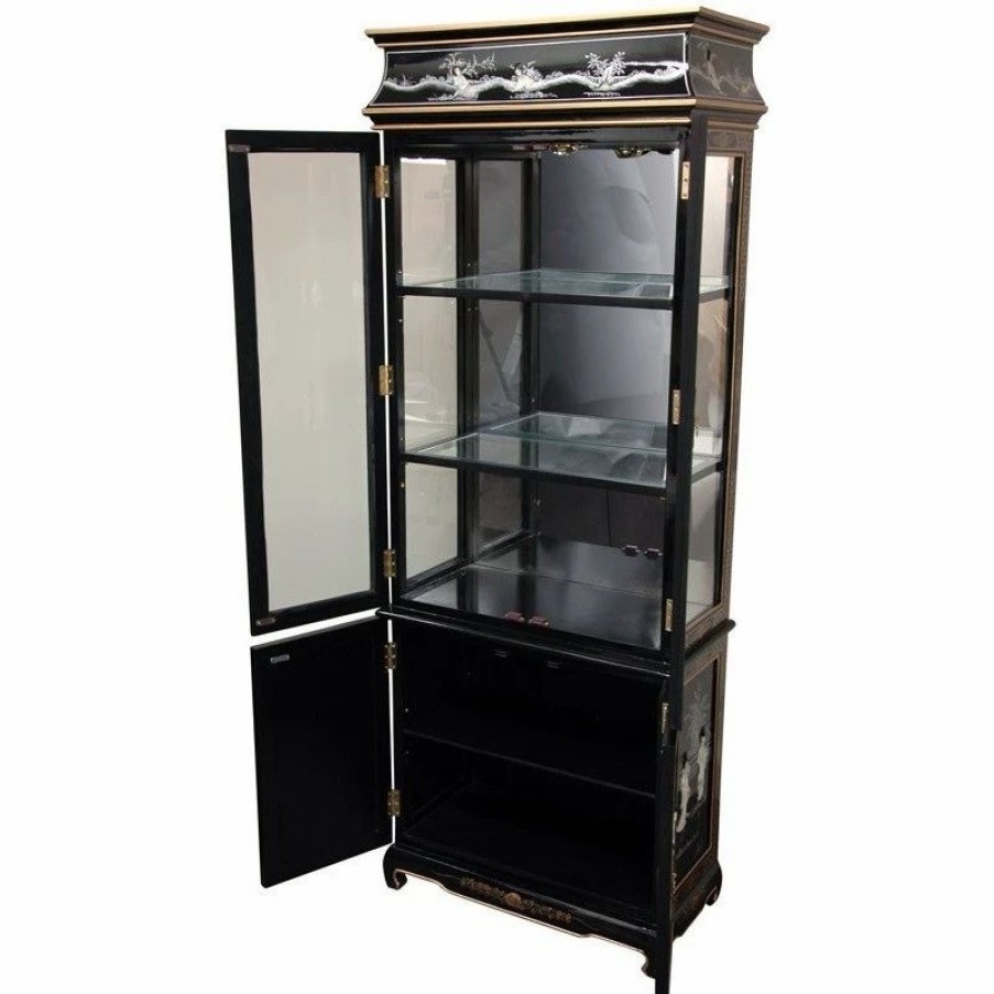 China Cabinets & Hutches * | Oriental Furniture Lacquer Curio Cabinet, Black Mother Of Pearl Ladies