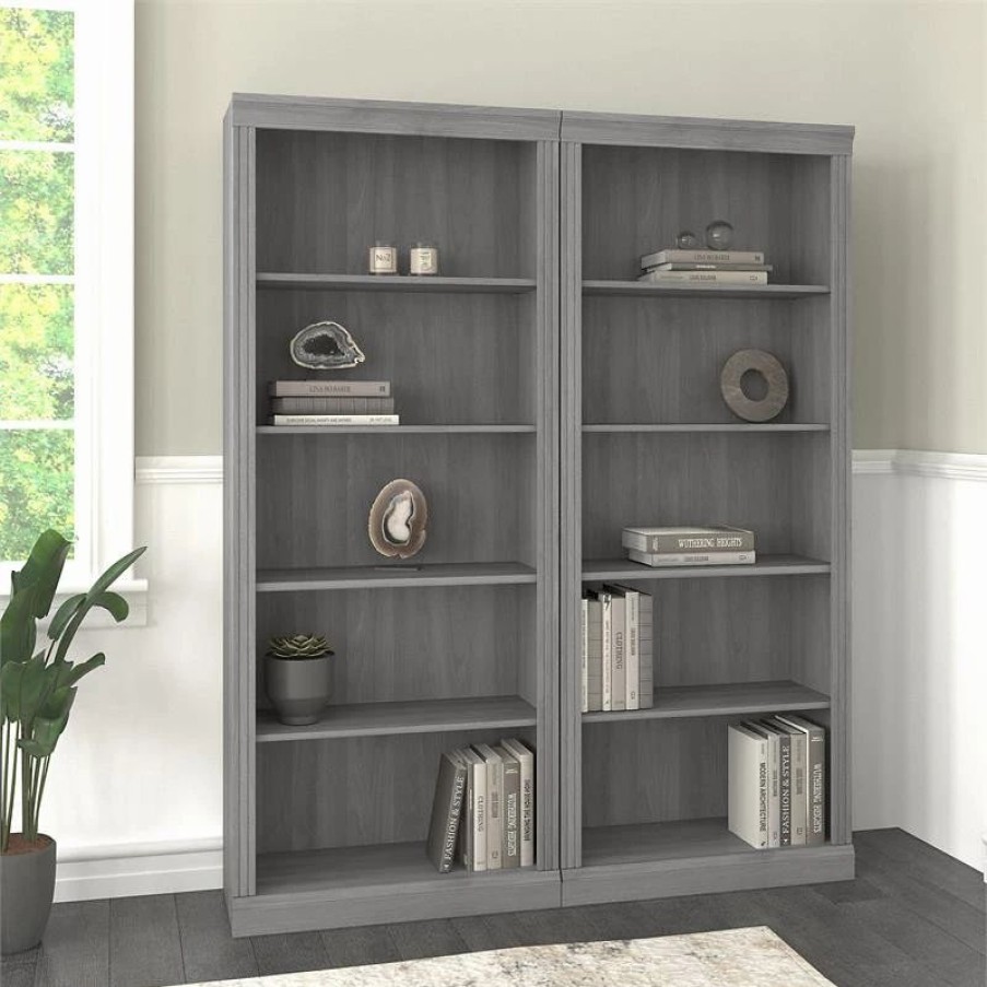 Bookcases * | Bush Business Furniture Saratoga Tall 5 Shelf Bookcase Set Of 2 In Modern Gray Engineered Wood