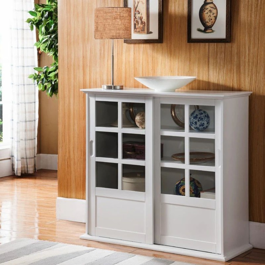 China Cabinets & Hutches * | Pilaster Designs Brecker Sliding Door China Curio Cabinet With Adjustable Storage, White