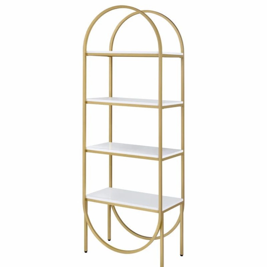 Bookcases * | Acme Furniture Lightmane Bookshelf, White High Gloss And Gold