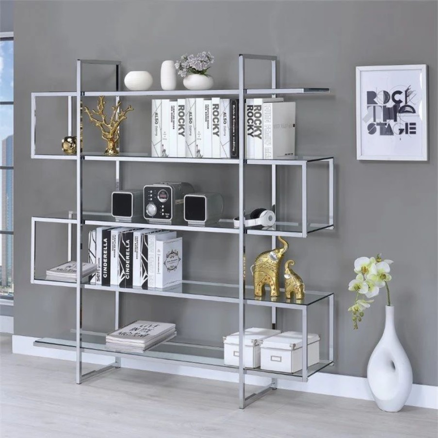 Bookcases * | Coaster Home Furnishings Coaster 5 Shelf Contemporary Clear Glass Top Bookcase In Chrome