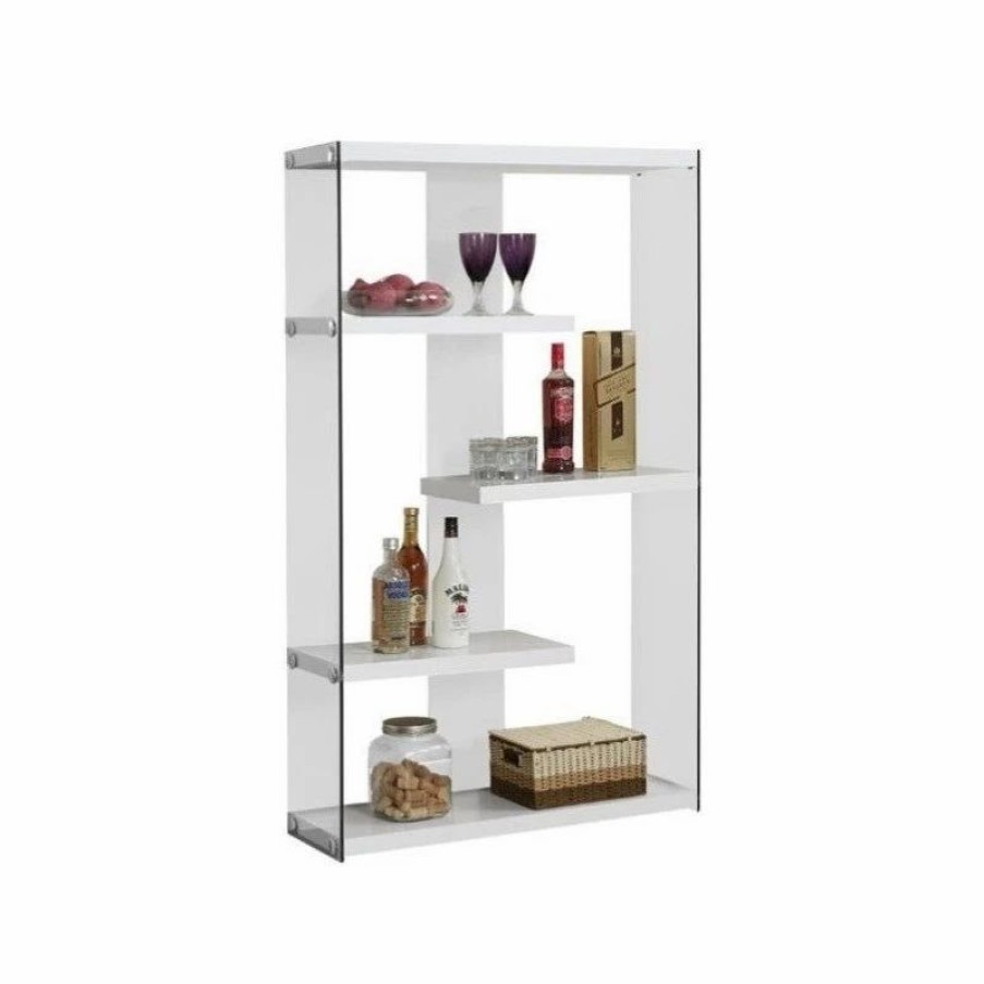 Bookcases * | Monarch Bookshelf Etagere 5 Tier 60 H Office Bedroom Tempered Glass Glossy White