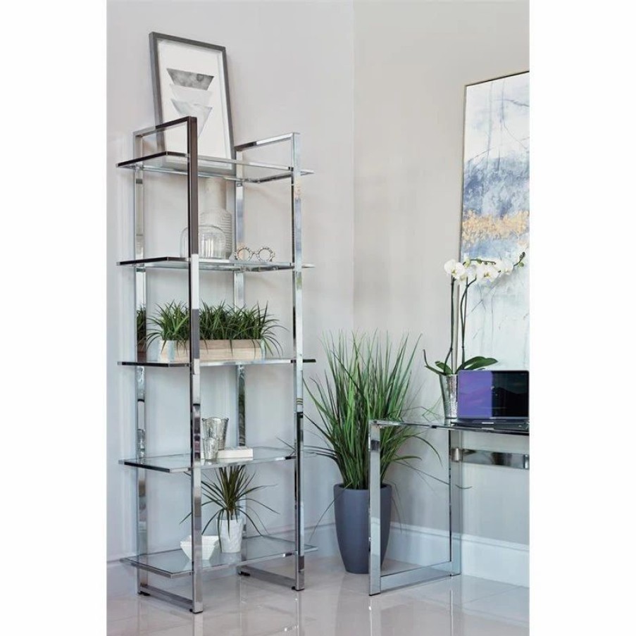 Bookcases * | Coaster Home Furnishings Coaster Hartford 5 Tier Glass Shelf Bookcase In Chrome