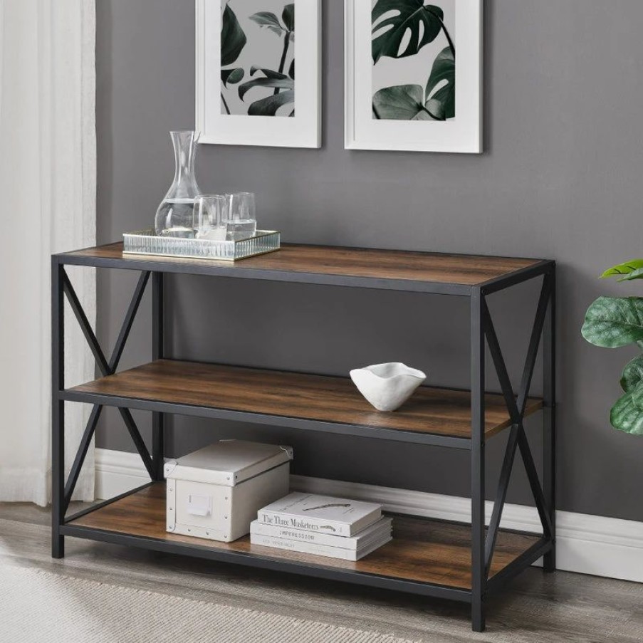 Bookcases * | Walker Edison 40 X-Frame Metal And Wood Media Bookshelf, Rustic Oak