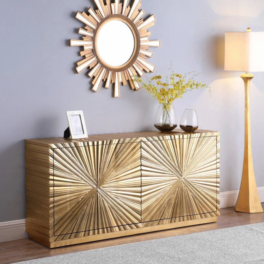 Buffets & Sideboards * | Meridian Furniture Hand Carved Starburst Designed Sideboard / Buffet, Gold Leaf Finish