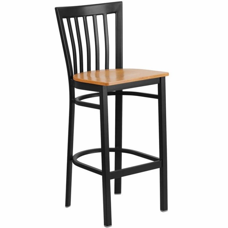 Accent Chests & Cabinets * | Flash Furniture Hercules Black School House Back Metal Restaurant Barstool, Natural Wood Seat