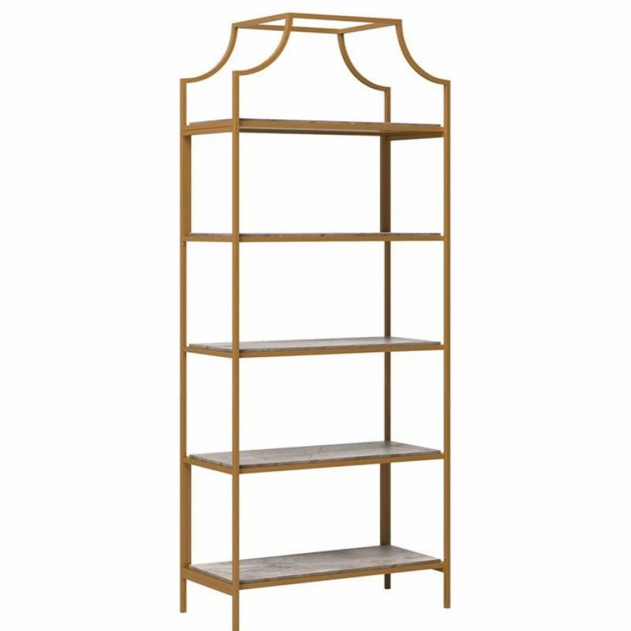 Bookcases * | Sauder International Lux 5-Shelf Metal Frame Bookcase Gold Satin/Faux Deco Stone