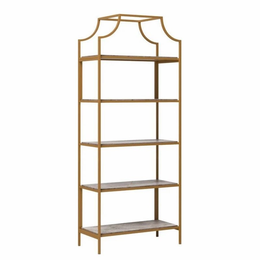 Bookcases * | Sauder International Lux 5-Shelf Metal Frame Bookcase Gold Satin/Faux Deco Stone