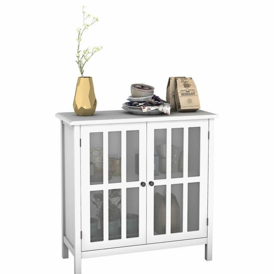 Buffets & Sideboards * | Costway Storage Buffet Cabinet Glass Door Sideboard Console Table Display White