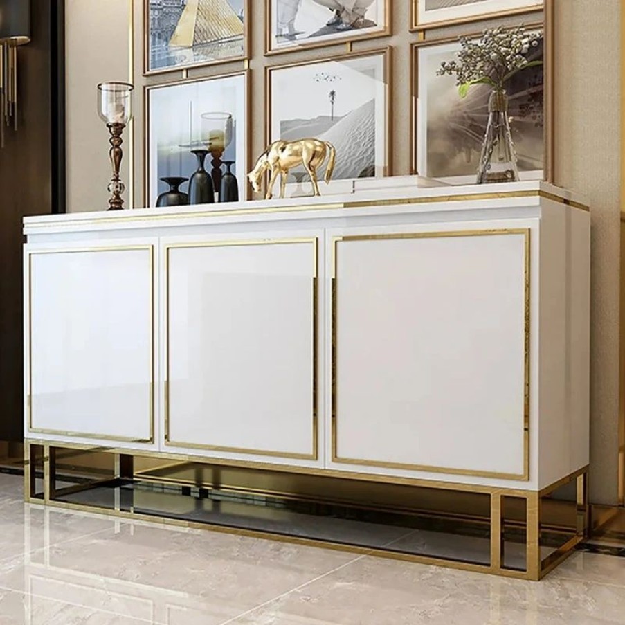 Buffets & Sideboards * | Homary 59 White Wood Sideboard Buffet Cabinet With Storage 3 Doors Gold Base