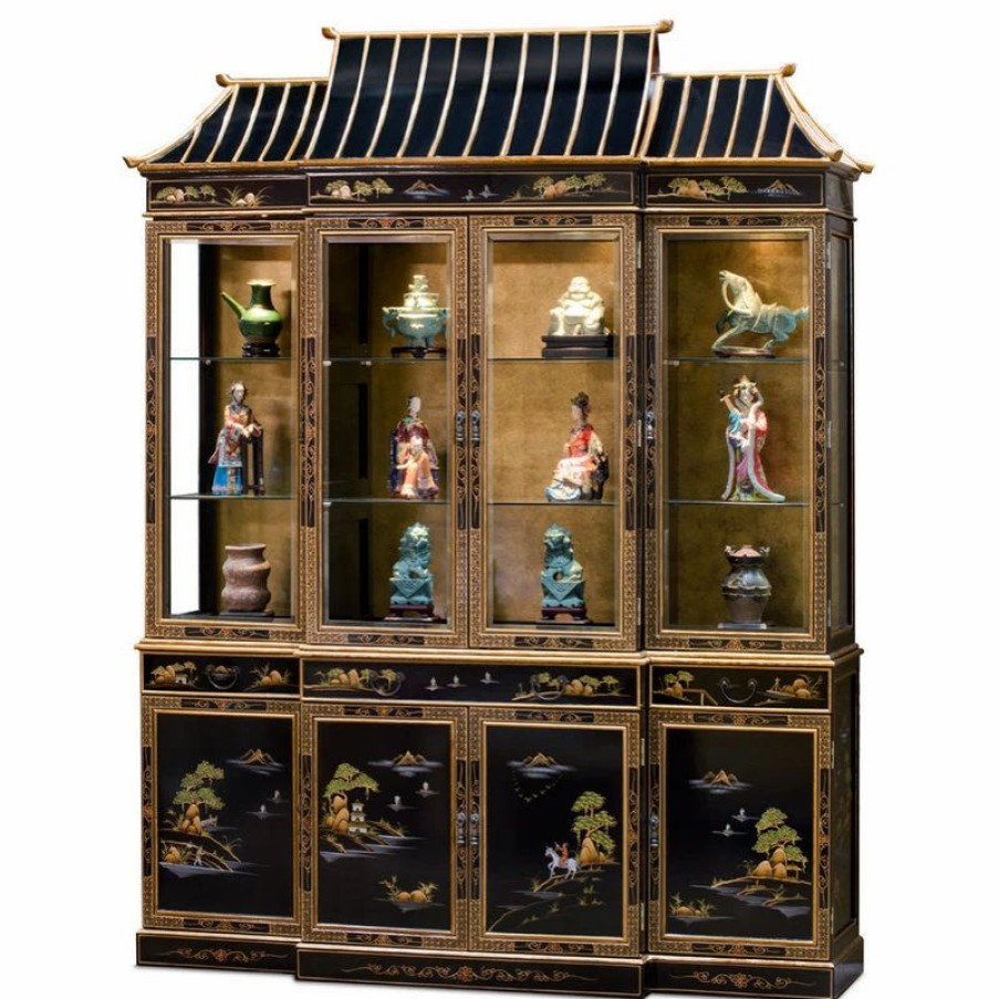 China Cabinets & Hutches * | China Furniture And Arts 72In Black Lacquer Chinoiserie Pagoda Oriental China Cabinet