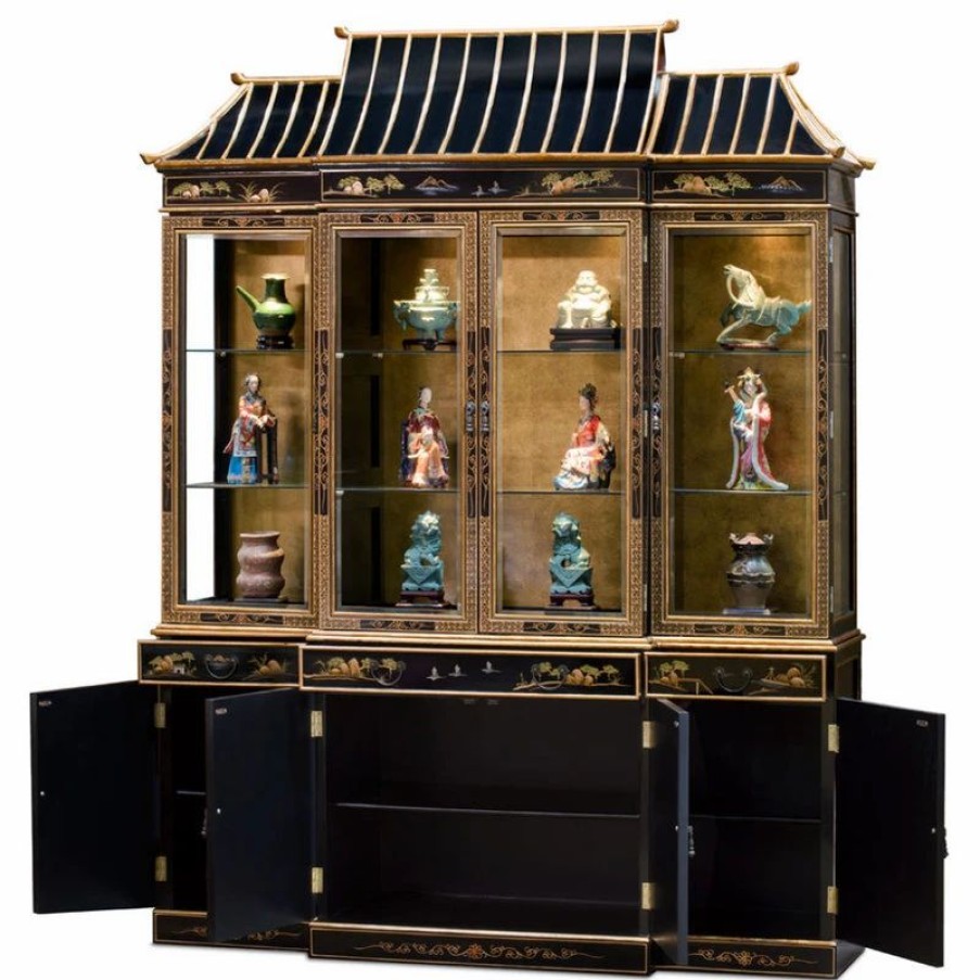 China Cabinets & Hutches * | China Furniture And Arts 72In Black Lacquer Chinoiserie Pagoda Oriental China Cabinet