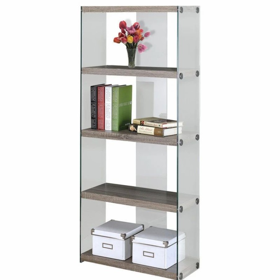 Bookcases * | Monarch Bookshelf Etagere 5 Tier 60 H Office Bedroom Tempered Glass Brown