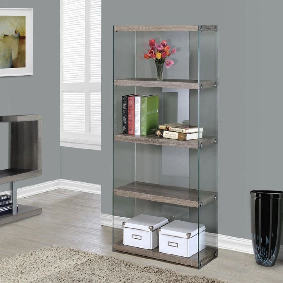 Bookcases * | Monarch Bookshelf Etagere 5 Tier 60 H Office Bedroom Tempered Glass Brown