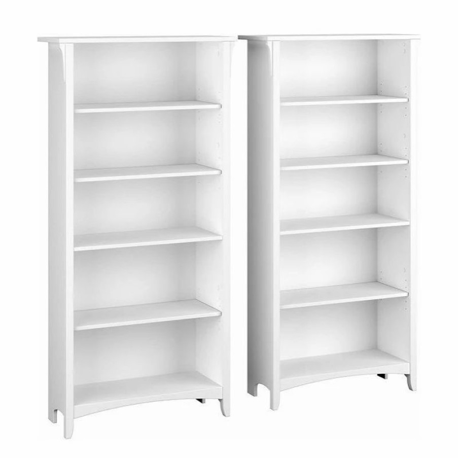 Bookcases * | Bush Business Furniture Salinas Tall 5 Shelf Bookcase Set Of 2 In White/Shiplap Gray Engineered Wood