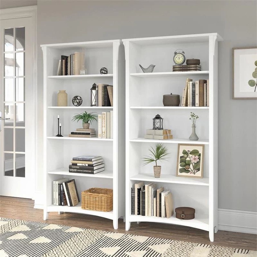 Bookcases * | Bush Business Furniture Salinas Tall 5 Shelf Bookcase Set Of 2 In White/Shiplap Gray Engineered Wood