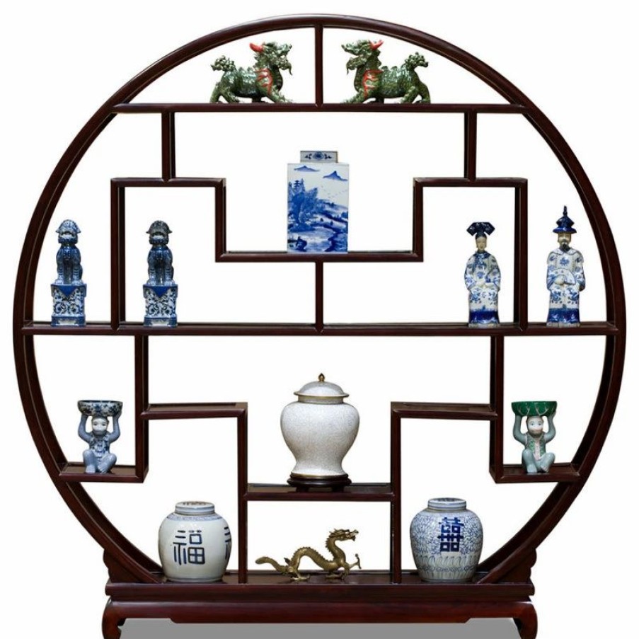 China Cabinets & Hutches * | China Furniture And Arts Dark Cherry Grand Elmwood Asian Moon Curio Stand