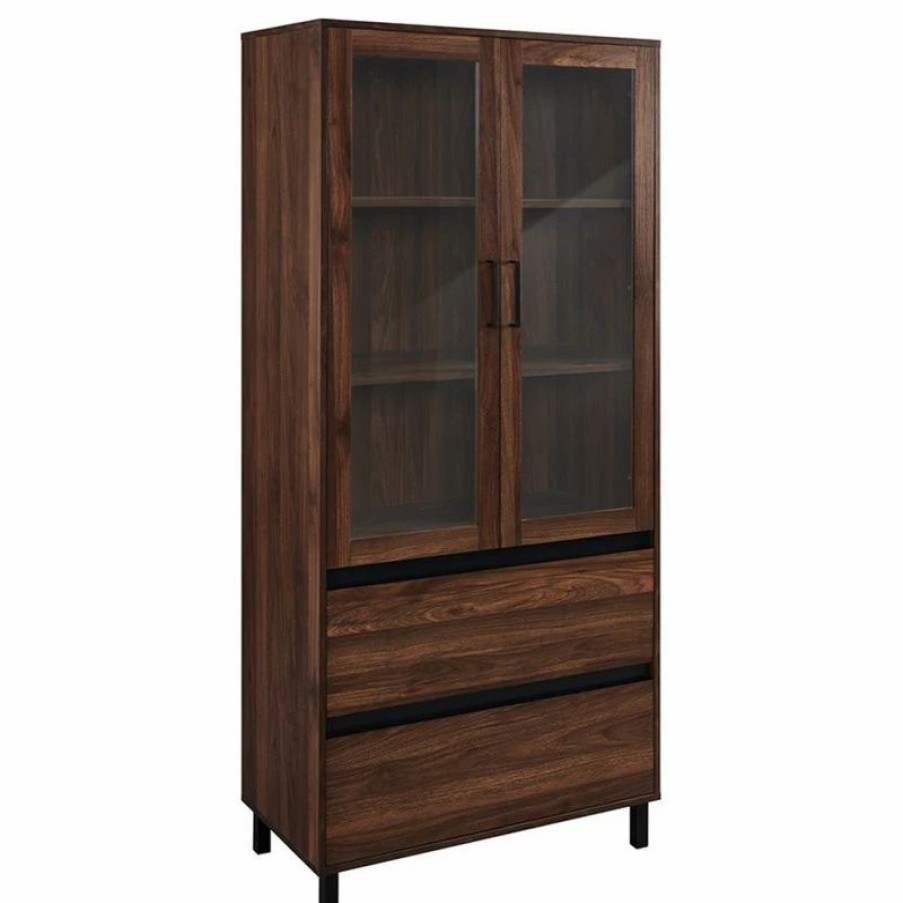 China Cabinets & Hutches * | Pemberly Row 68 Glass Door Storage Hutch With Adjustable Shelves In Dark Walnut