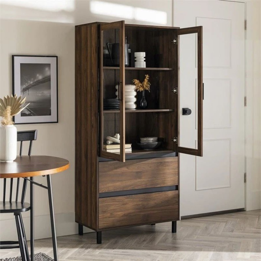 China Cabinets & Hutches * | Pemberly Row 68 Glass Door Storage Hutch With Adjustable Shelves In Dark Walnut