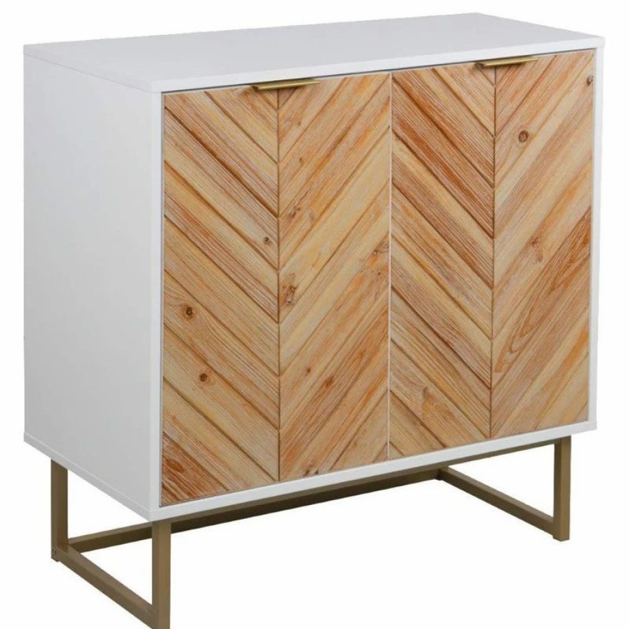 Accent Chests & Cabinets * | Decorn Modern Storage Cabinet, Doors With Herringbone Pattern & Inner Shelf, White/Gold