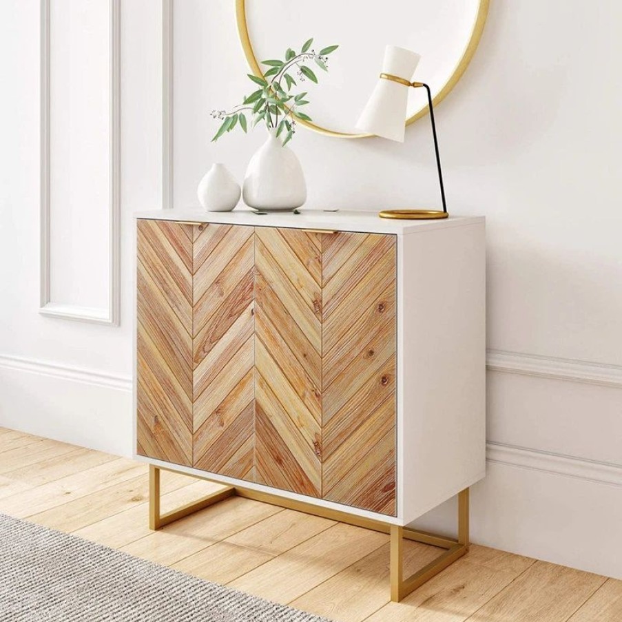 Accent Chests & Cabinets * | Decorn Modern Storage Cabinet, Doors With Herringbone Pattern & Inner Shelf, White/Gold